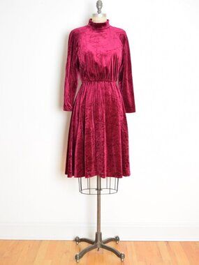 vintage 80s dress burgundy crushed velvet velour secretary long sleeve midi M